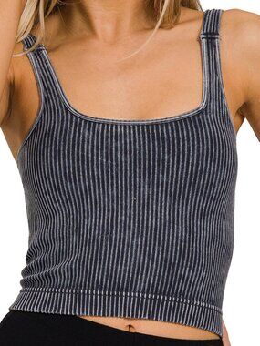 Washed Seamless Square Neck Bra Padded Tank Top in Ash Black